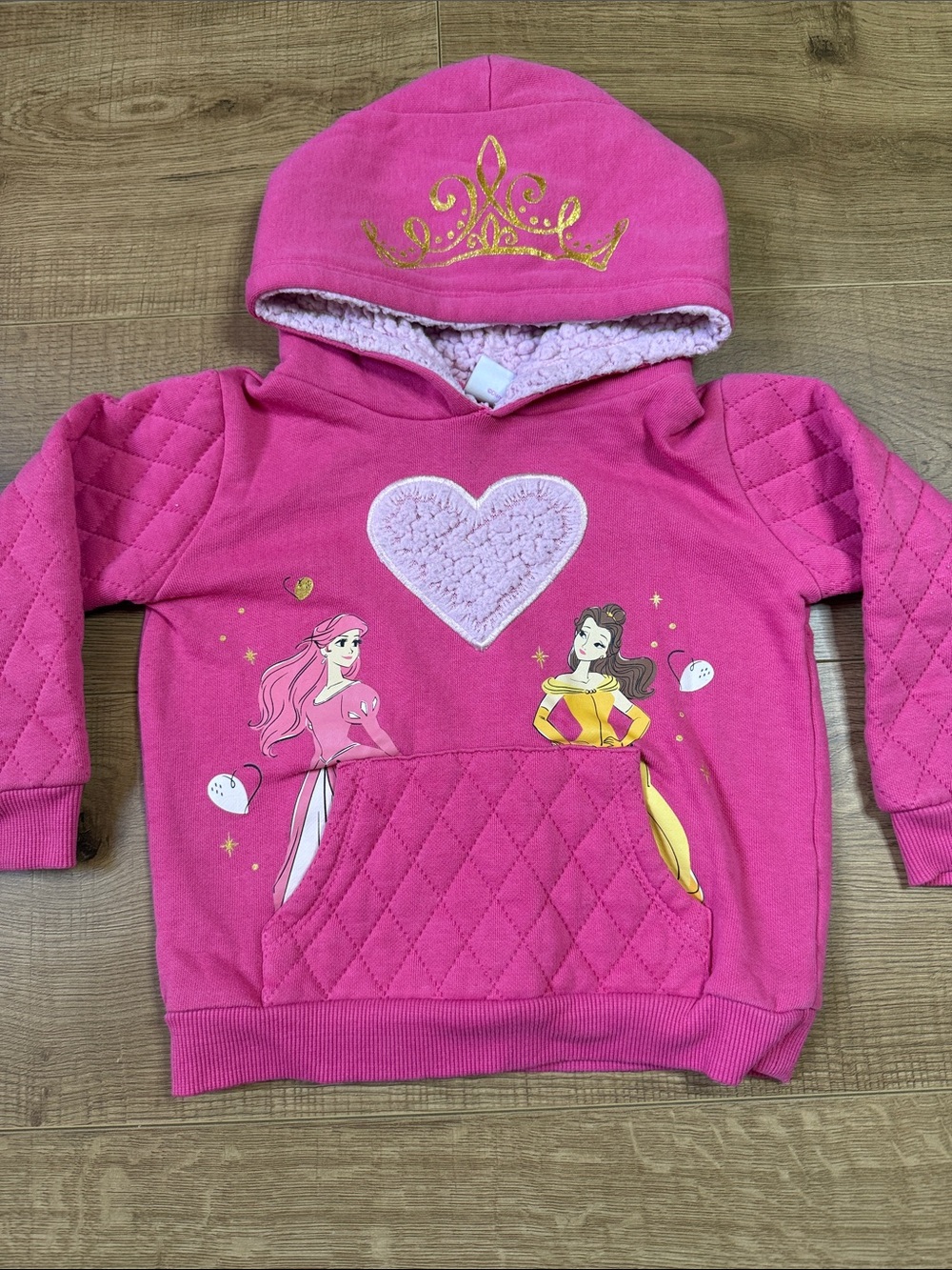 Disney Hot Pink Princess Hooded Pullover with Heart Applique Arielle and Belle